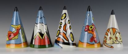 Five Lorna Bailey sifters comprising one in Oakdene pattern and four with relief moulded decoration,