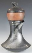 Studio pottery pedestal ewer with silvered glaze and diamond decoration, impressed MK, H19cm,