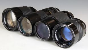 Four Vivitar SLR camera lenses with Olympus mounts, comprising 200mm 1:3.0, 80mm 1:2.5, 80-200mm 1: