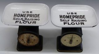 Two sets of Homepride advertising scales, with enamel pan reading 'use Homepride self raising flour'