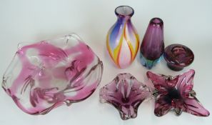 Six pieces of Murano and similar cranberry glassware including vases, bowls, Sommerso style vase