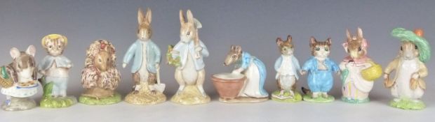 Ten Beswick Beatrix Potter figures including Peter Rabbit Gardening, Peter Rabbit Digging, Johnny