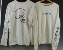 Two white Damien Hirst/ Science sweatshirts with Hirst spot design to sleeves and logos front and