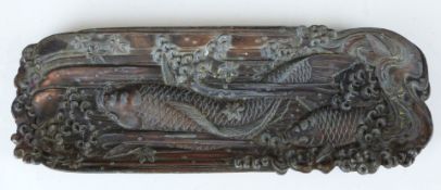 Japanese copper dish with embossed carp decoration, W22cm