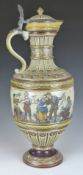 German Mettlach large pedestal marriage ewer with pewter mount, decorated with musicians drinking
