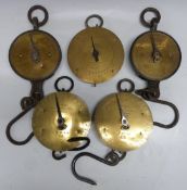 Five Salter spring balances with circular brass dials comprising No 80 20lb, No 20 50lb, No 20