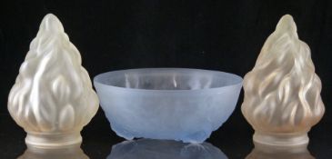 A pair of French frosted glass light fittings in the form of flames together with a similar possibly