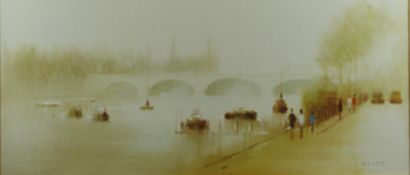 Anthony Robert Klitz (1917 - 2000) oil on canvas figures on Thames riverbank with arched bridge,