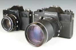 Two Praktica SLR cameras comprising EE3 with 135mm 1:2.8 lens and and LLC with Meyer 50mm 1:1.8