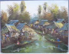 Eastern oil on board of boats in a traditional village, 20 x 25cm