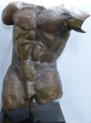 C Techoue contemporary patinated bronze male torso on square base, signed to lower left, height of