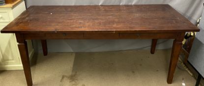 A stained pine / fruit wood plank top dining table with two drawers, W201 x D91 x H78cm