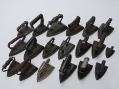Nineteen small or miniature flat irons, AK & Sons, Toy, Bullock, Orion, J&J Siddons and Cross