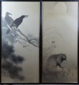 A pair of early Chinese pictures on silk of crows and a fox, 108 x 48cm