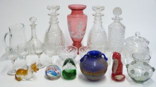Twenty-two pieces of clear and coloured glassware including Mary Gregory vase, decanters, Langham