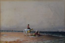 Attributed to Samuel Cook RI (1806-1859) watercolour horse, rider and figures on the shore,