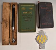 1914 Pratt's road atlas, 1912 Michelin guide, Dunlop 40 tyre pressure gauge and a Rhodesia AA badge