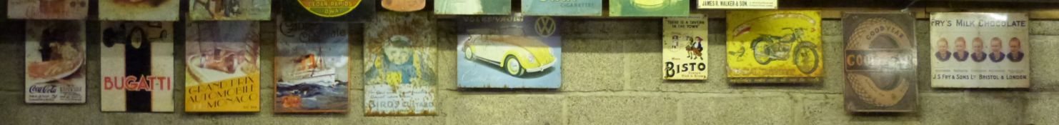 Ten metal advertising signs including enamel Bisto example , BSA Bantam, VW and Bugatti,