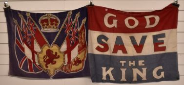 George V 'God Save The King' cloth flag or banner and another commemorative flag of the same era,