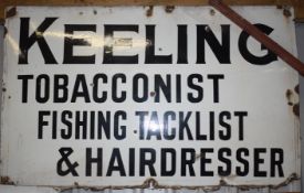 Vintage enamel advertising sign 'Keeling Tobacconist Fishing Tacklist & Hairdresser', 91 x 145cm