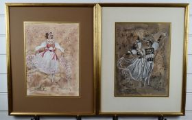 Pair of mid 20thC watercolour studies of dancers, indistinctly signed possibly Janeti Forte and