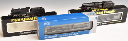 Three N gauge model railway locomotives Graham Farish LMS 5305 and BR 44370 and Dapol BR Draycot