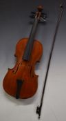 20thC violin, unlabelled with 36cm two piece flame back, bow and Parisian eye to frog, in original