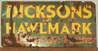 Vintage enamel advertising sign 'Dicksons of Hawlmark for seeds, floral arts & plants' (Northern