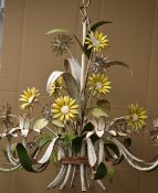 Metal chandelier with eight bulb holders with painted floral and foliate embellishment, H53cm