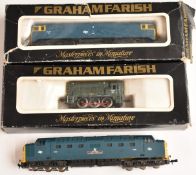 Two Graham Farish N gauge model railway diesel locomotives comprising Class 08 and Class 47 in
