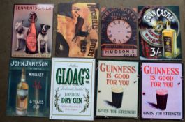 Eight metal advertising signs to include whiskey, Guinness, lager etc, each approximately 40 x
