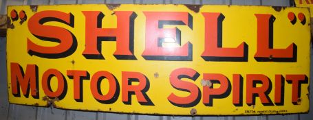 Vintage enamel advertising sign 'Shell Motor Spirit', 46 x 138cm PLEASE NOTE this lot is located