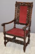 19th/20thC carved oak armchair with barley twist decoration and acorn finials, W63 x H12cm