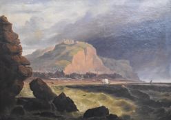 19thC English school oil on canvas coastal landscape with ruined castle atop cliffs with town