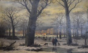 Caesar Bimmerman (1828-1890) continental oil on canvas winter landscape, people skating on a