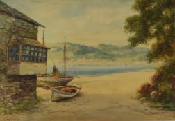 J Mortimer (British, early 20thC) watercolour of a cottage, boats and estuary beyond, probably Devon