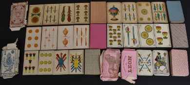 Six packs of continental playing cards to include Barajas Leon pack dated 1864 and Atodos Alumbra