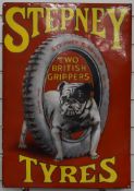 Vintage enamel advertising sign 'Stepney Tyres, Stepney Road Grip, British Made' with English