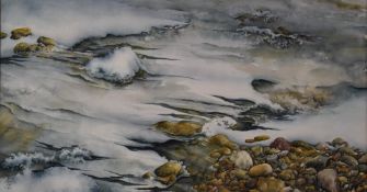 Watercolour study of pebbles on a seashore, signed lower right Emmett, 30 x 55.5cm, in stained