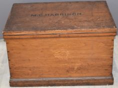 19thC stained pine trunk with drop handles, W82 x D60 x H50cm