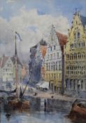 Attributed Bingham McGuiness (1849-1928) watercolour Dutch canalscape, 'Old Houses on the Quay,