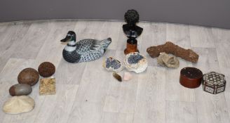 A classical bust on socle, mineral samples including desert rose two part geode, inlaid and