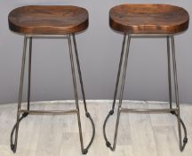 Two kitchen bar stools with carved wooden seats, H69cm