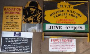 Five military interest signs comprising military vehicle show, radiation warning, HM prison service,