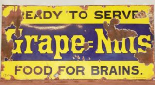 Vintage enamel advertising sign 'Grape-Nuts', 60.5 x 122cm PLEASE NOTE this lot is located at and