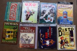 Eight metal advertising signs to include Brasso, Bisto, Oxo, The Pig & Whistle, Coca Cola etc,
