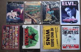 Eight metal advertising signs to include Beatles, Elvis, Trotters, Liverpool, Dracula etc, each