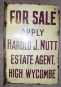 Vintage enamel double sided advertising for sale sign 'Harold Nutt Estate agent, High Wycombe', 46 x
