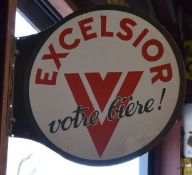 Vintage double sided enamel advertising sign 'Excelsior', 60cm in diameter.  PLEASE NOTE this lot is