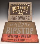 Two hand-painted vintage style signs comprising Ripstop and Vegetan, waxed and oiled heavy duty